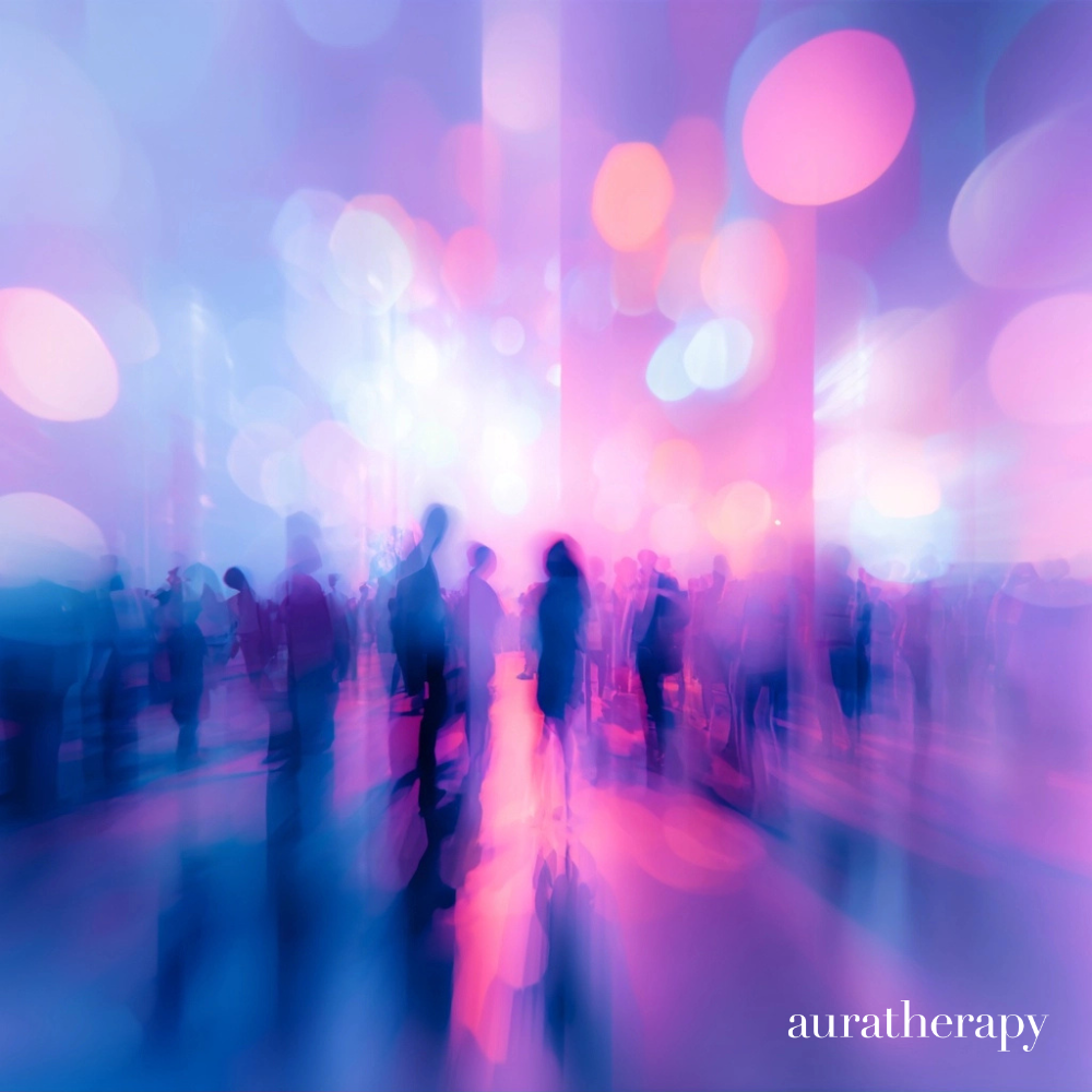 Glowing violet and pink aura field surrounding people, Auratherapy chakras vs aura