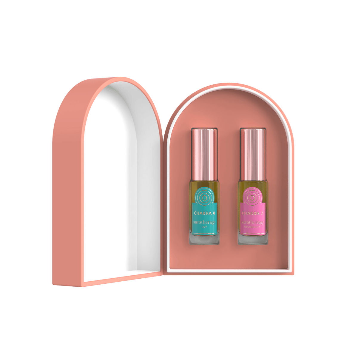 Set pairs Joy (Heart Chakra) and Tranquility (Crown Chakra) two mini roll on perfume oils that invite emotional spaciousness and inner serenity.