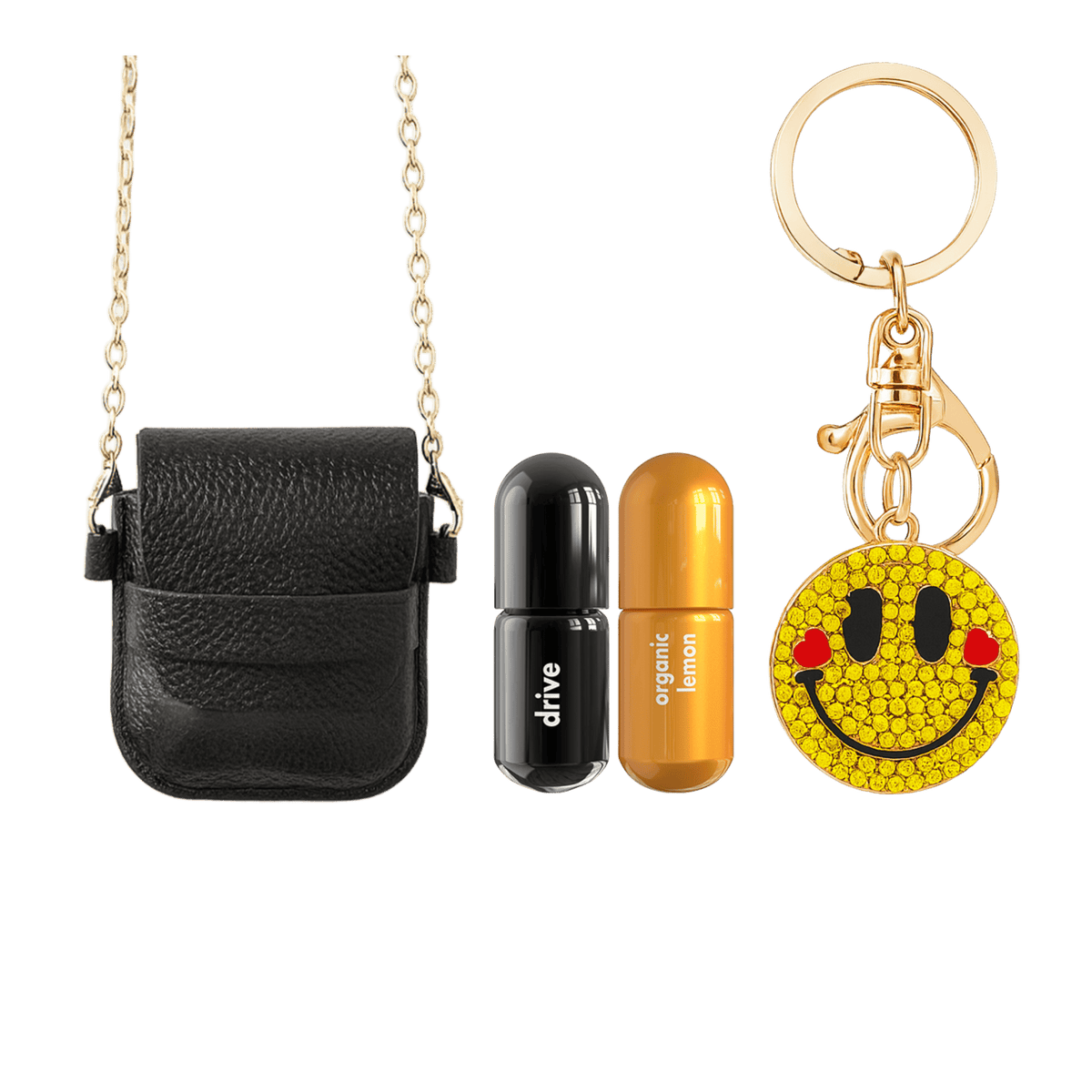 Black Crossbody Bag with Moodzee Drive + Lemon with big smile keychain