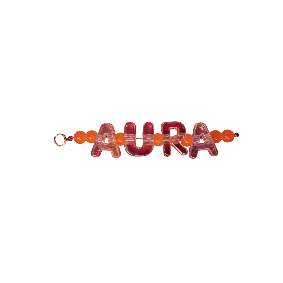 Bracelet with 'AURA' letters with vibrant orange beads.