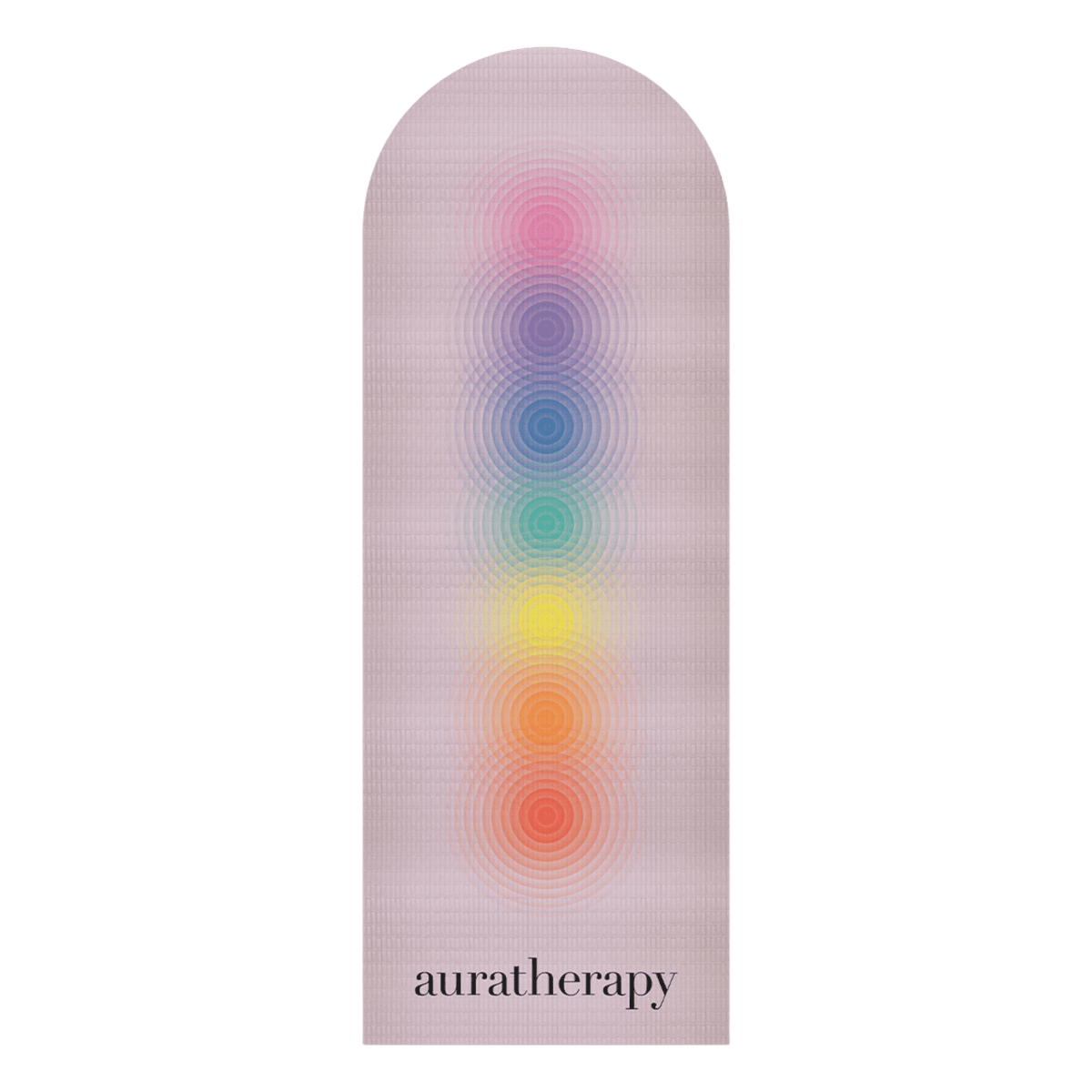 Violet yoga mat with a pastel rainbow chakra-inspired gradient design and “auratherapy” branding at the bottom.