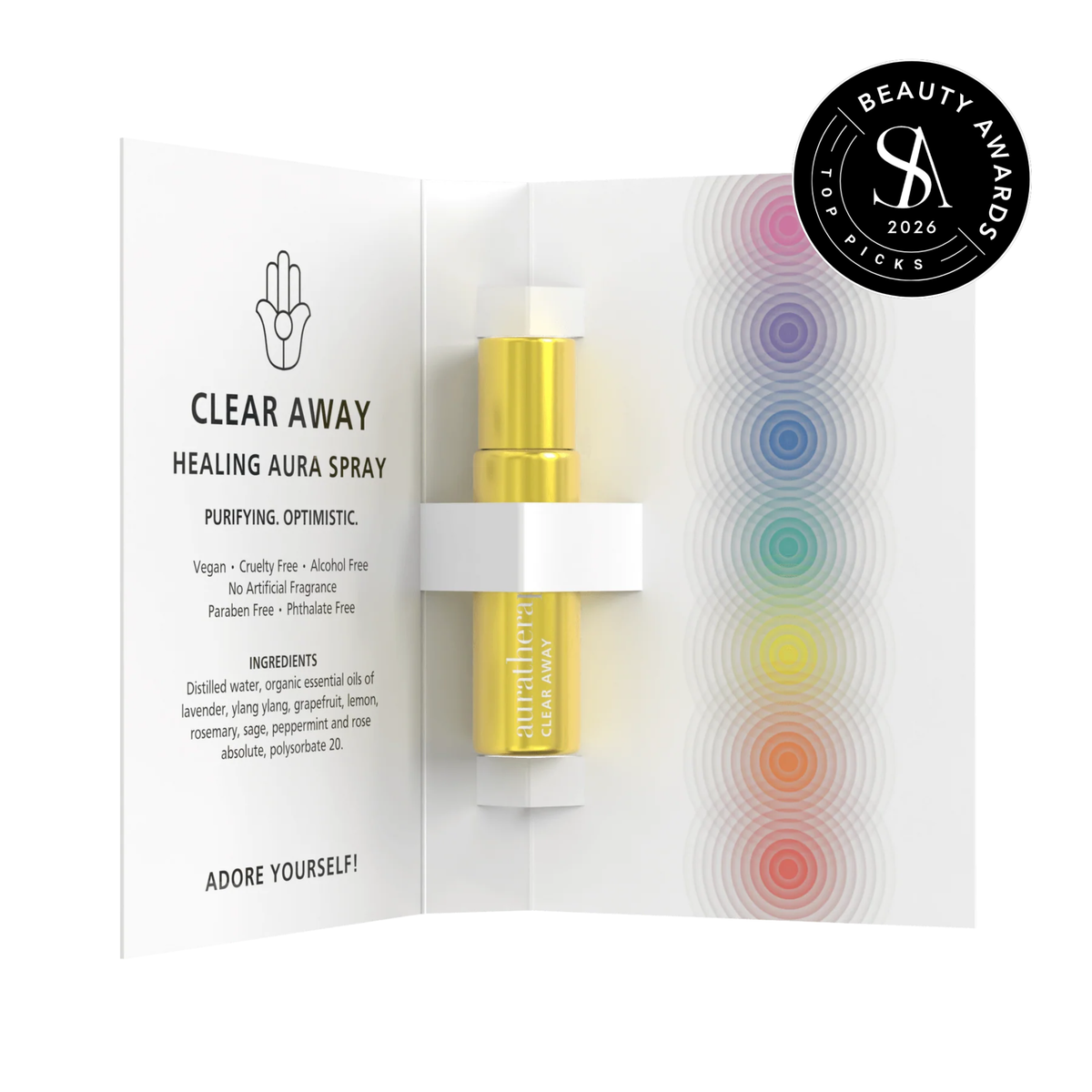 Auratherapy Clear Away Aura Spray sample vial in an open card showing ingredients and a column of rainbow chakra circles, with the Skin Anarchy 2026 Top Picks Beauty Awards seal