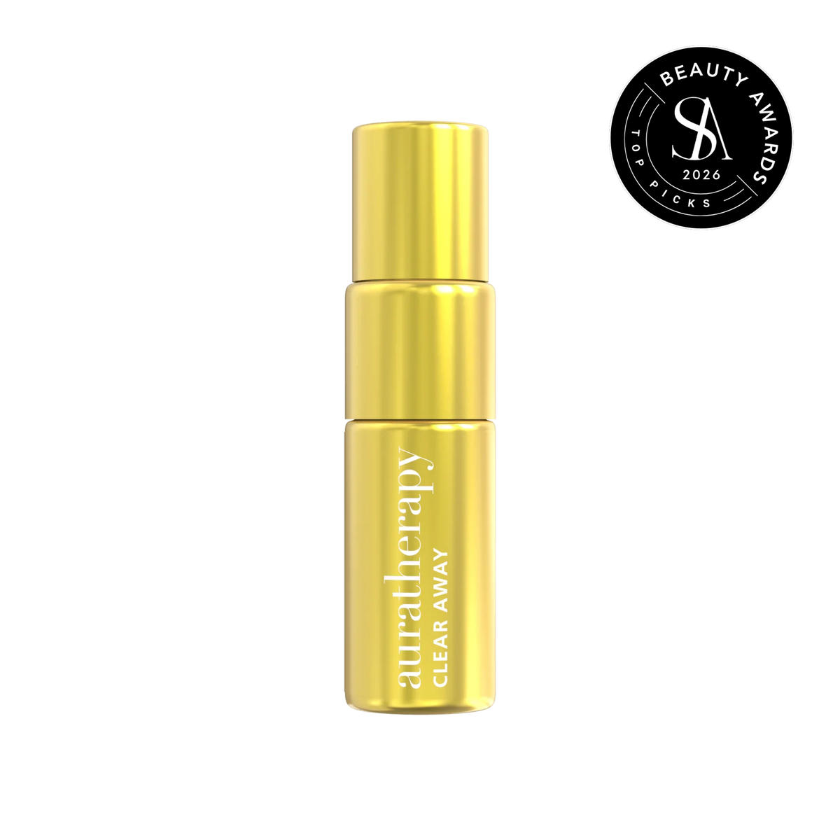 Auratherapy Clear Away Aura Spray 10ml travel-size gold bottle beside its yellow box, with the Skin Anarchy 2026 Top Picks Beauty Awards seal