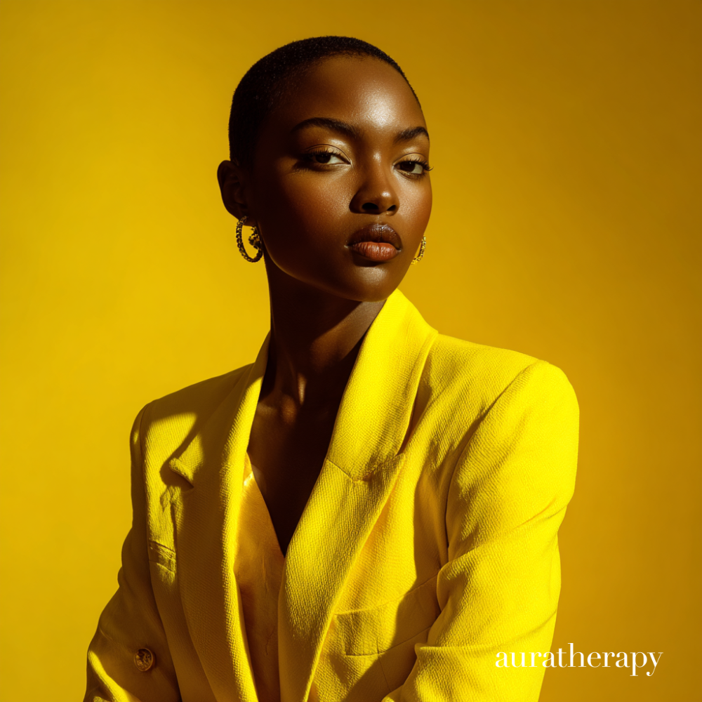 Confident woman in yellow blazer against yellow background, commanding gaze, editorial portrait photography, yellow aura energy, solar plexus chakra, Auratherapy