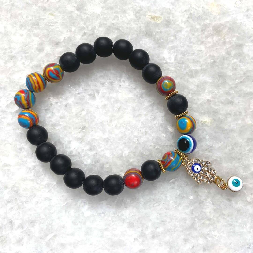 Black Stone and Rainbow Bead Protection Bracelet with Evil Eye and Rhinestone Hamsa Charm