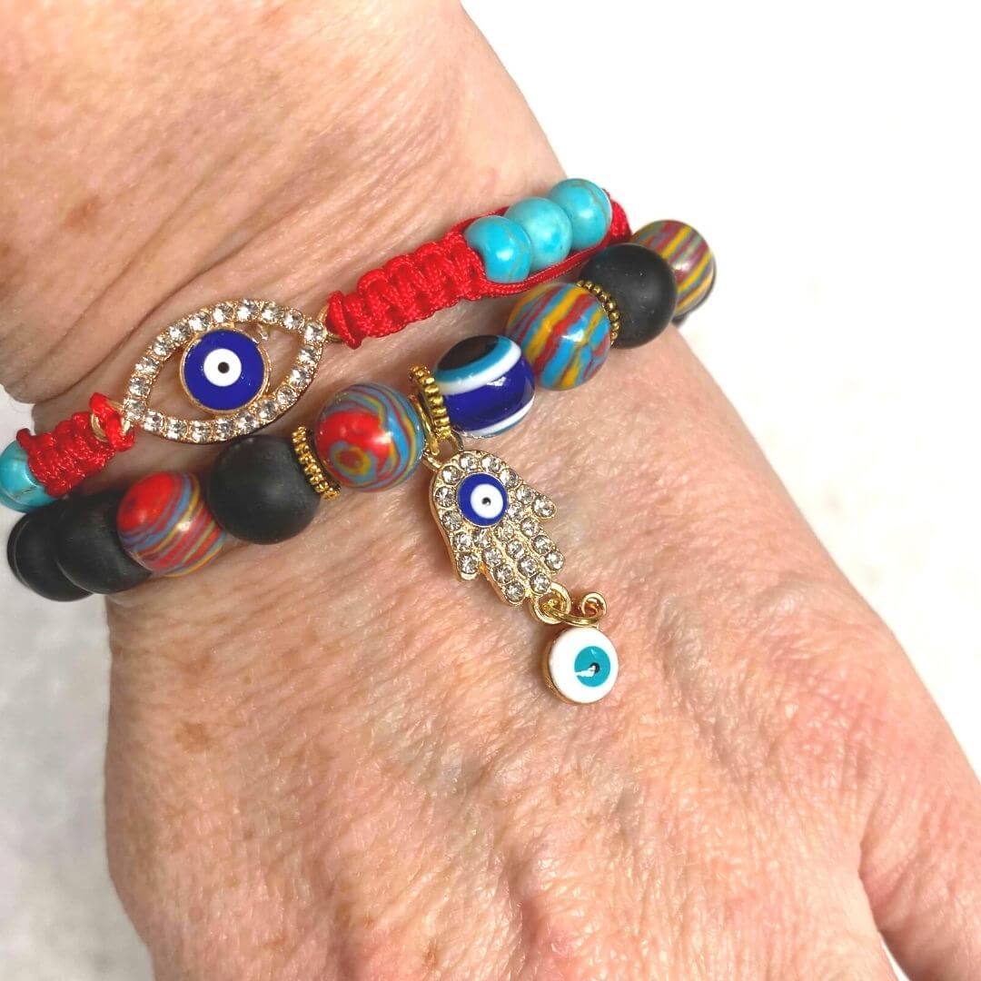 Black Stone and Rainbow Bead Protection Bracelet with Evil Eye and Rhinestone Hamsa Charm