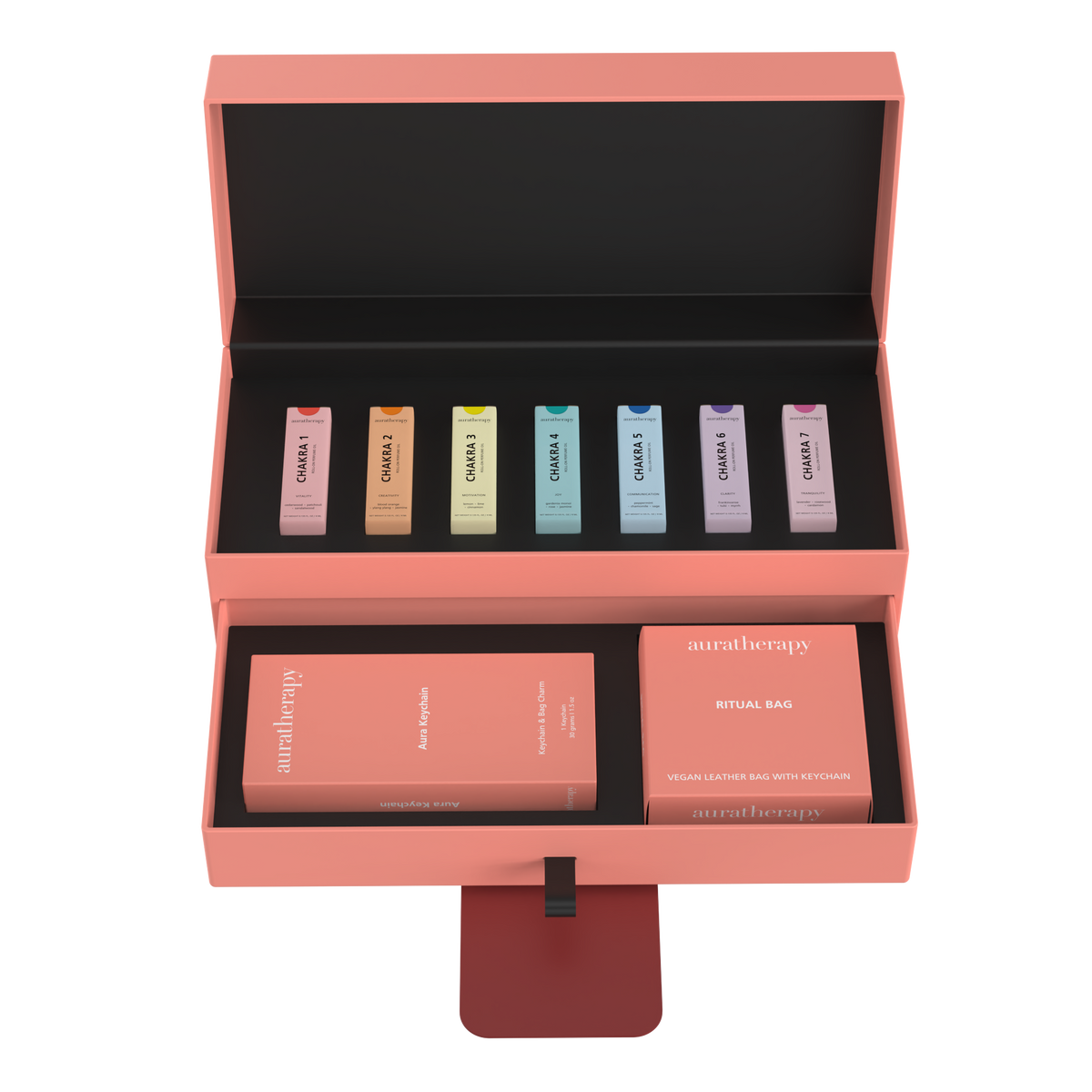 Crafted from supple vegan leather in Auratherapy’s signature pink with gold-embossed logo detailing, this ritual bag holds your favorite Chakra Perfume Oils so they are always within reach.