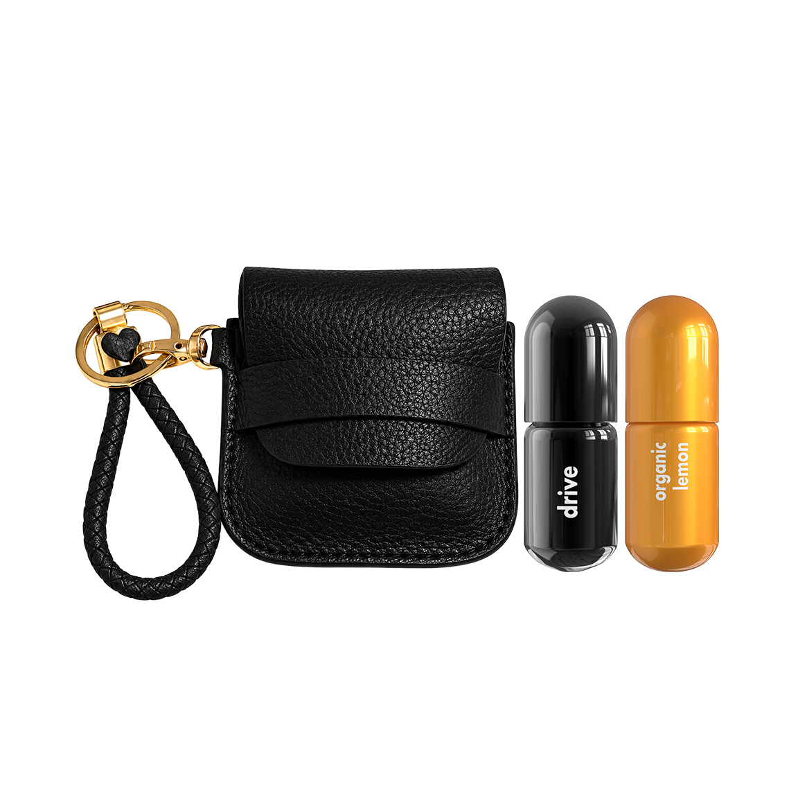 A black pebbled leather wristlet case with a black braided strap and gold-tone key ring, shown alongside two perfume atomizer bottles labeled 'drive' and 'organic lemon' moodzee