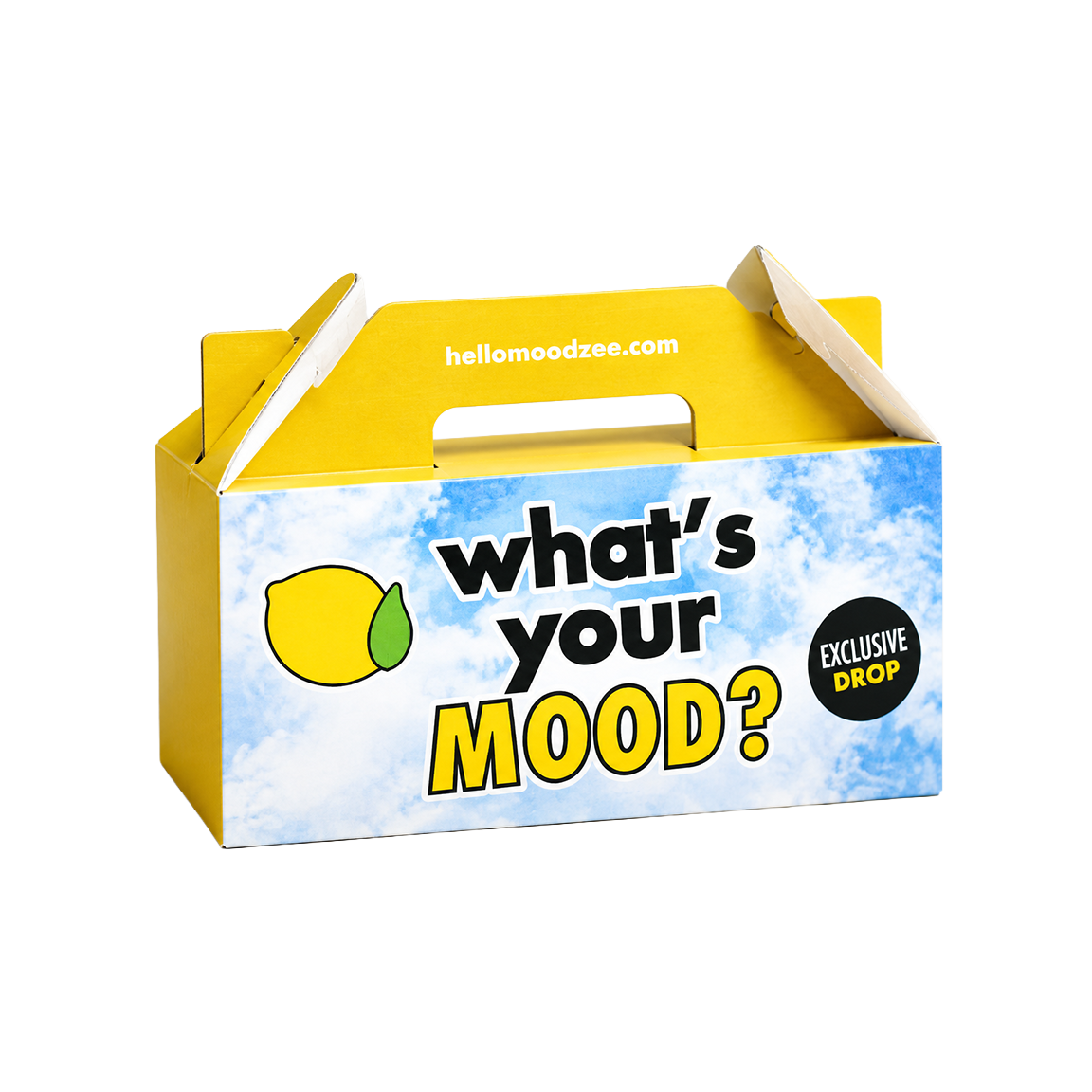 A yellow cardboard product box with a handle, printed with the text 'what's your MOOD?' on a blue sky-and-cloud background, plus a lemon graphic and a black circular 'EXCLUSIVE DROP' badge. The top flap shows the website hellowoodzee.