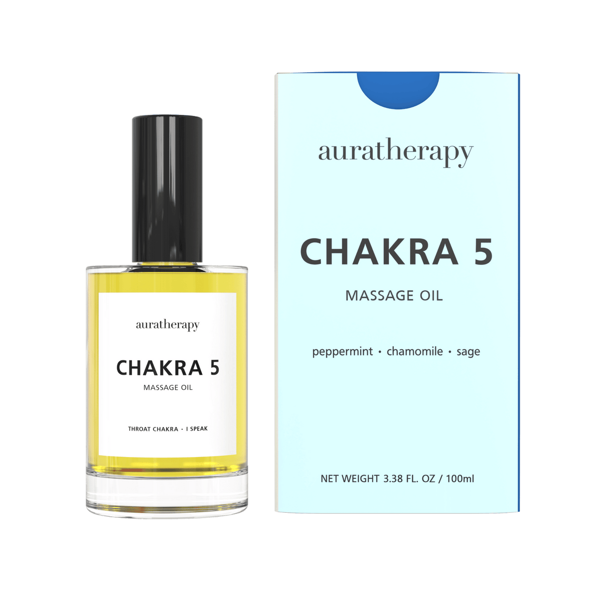 Auratherapy Chakra 5 massage oil bottle and packaging