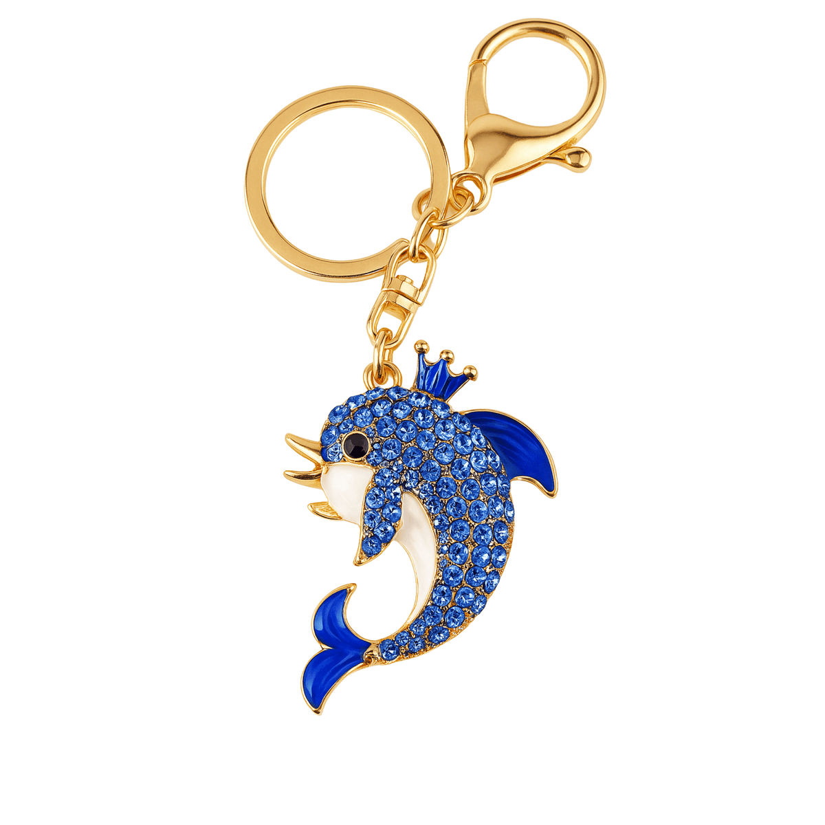 Dolphin-shaped keychain with blue accents and gold details 