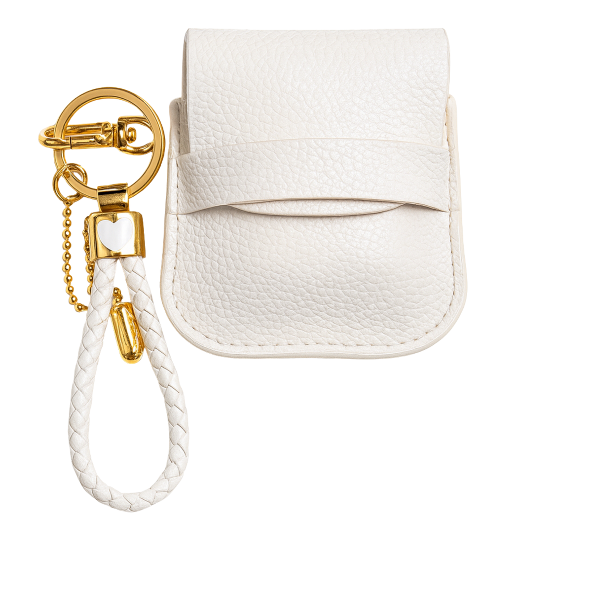 White leather case with gold keychain on a white background