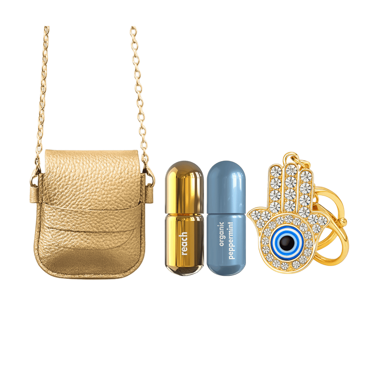 Gold_Crossbody_Bag_with_Moodzee_Reach_Peppermint moodzee and hamsa helping hand keychain