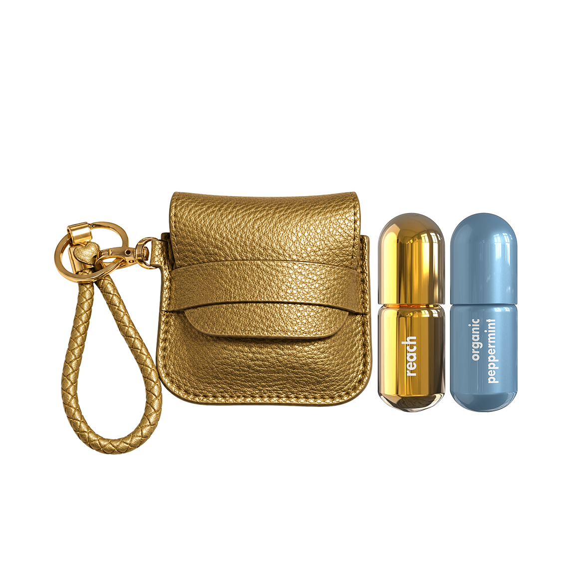A gold pebbled leather pouch with a braided wrist strap, shown next to two capsule-shaped lip balm tubes labeled 'reach' and 'organic Peppermint' 
