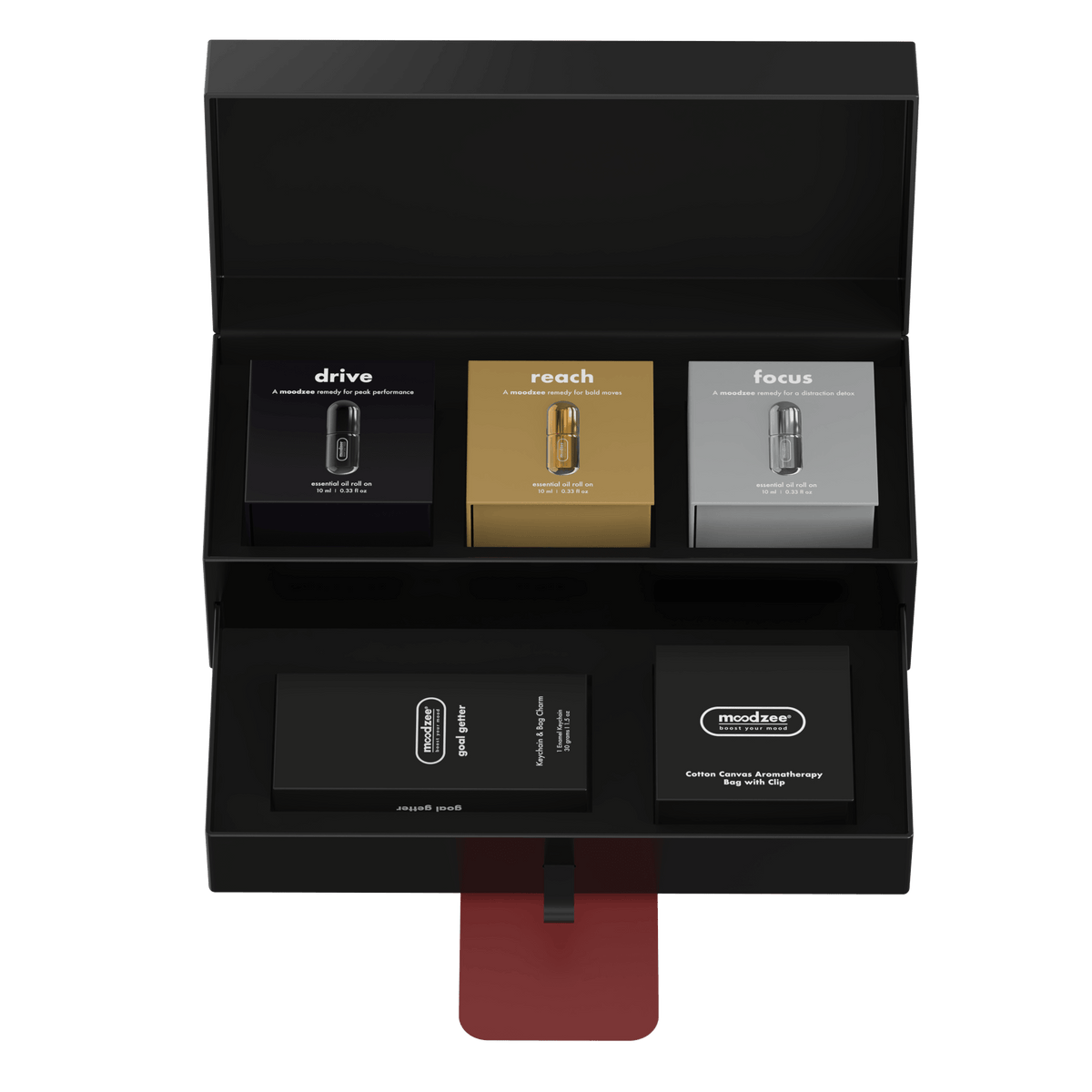 A sleek black vegan leather pouch designed to hold three Moodzee bottles, with elastic holders, a mesh pocket, and a gold clip for easy attachment to your bag or carry-on.