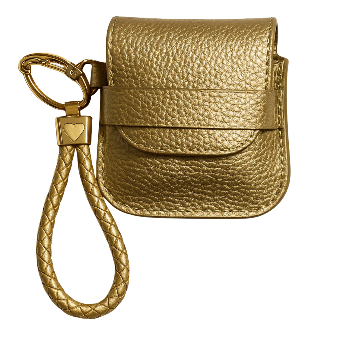 Gold leather case with keychain on a white background