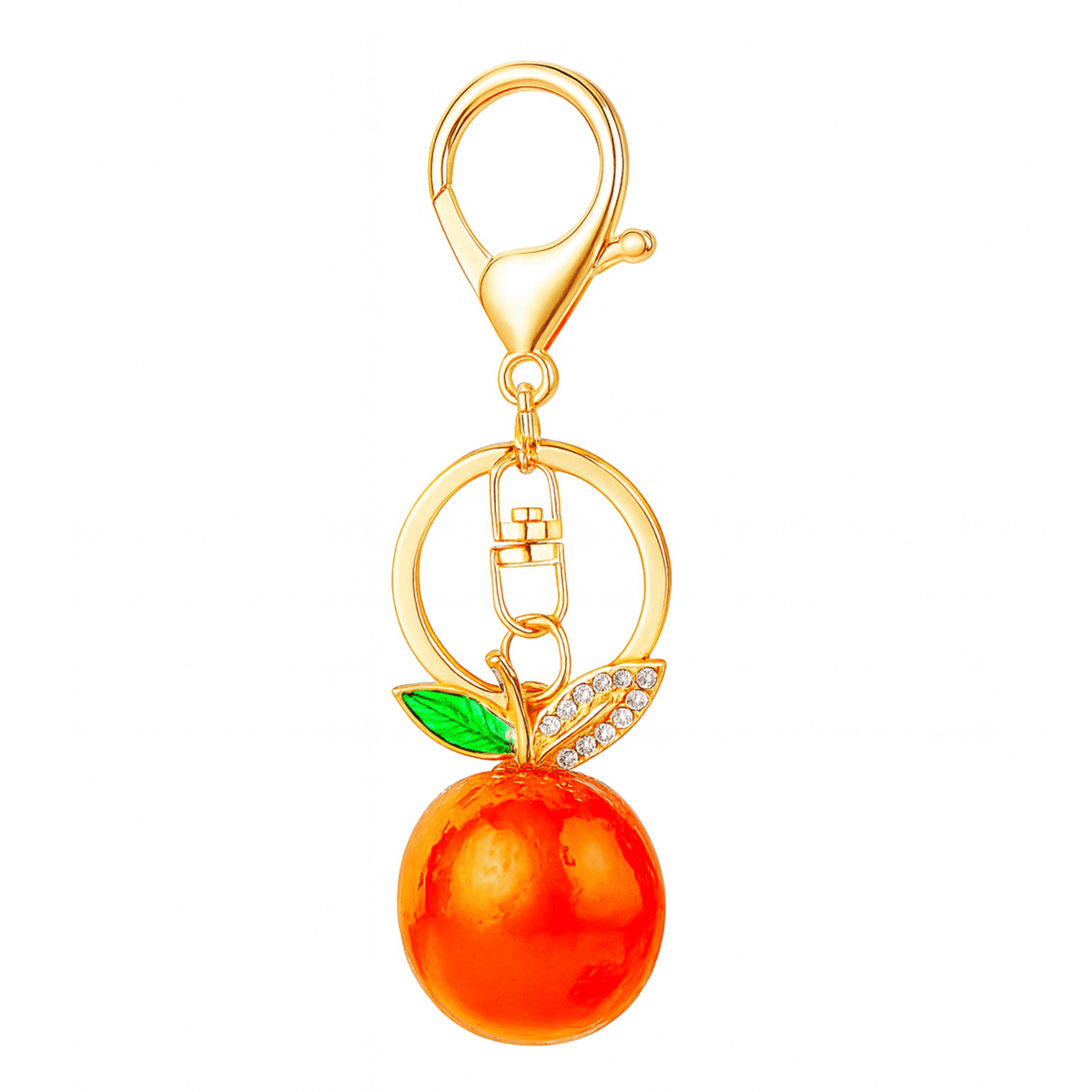 Gold keychain with an orange charm on a white background