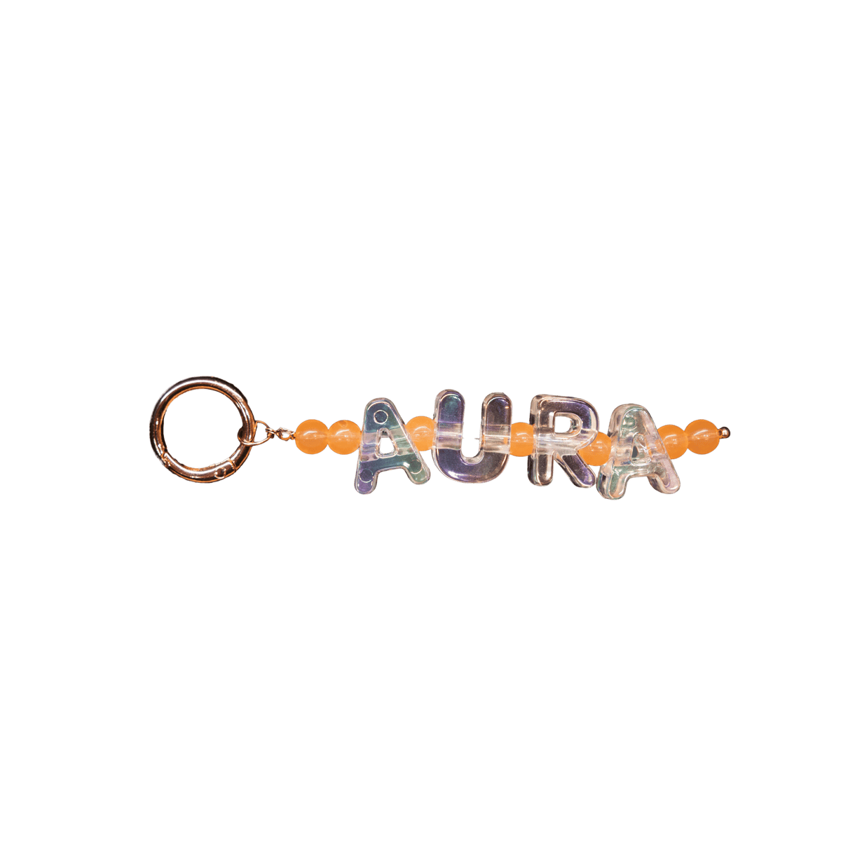 Bracelet with 'AURA' letters  with vibrant orange beads lifestlye
