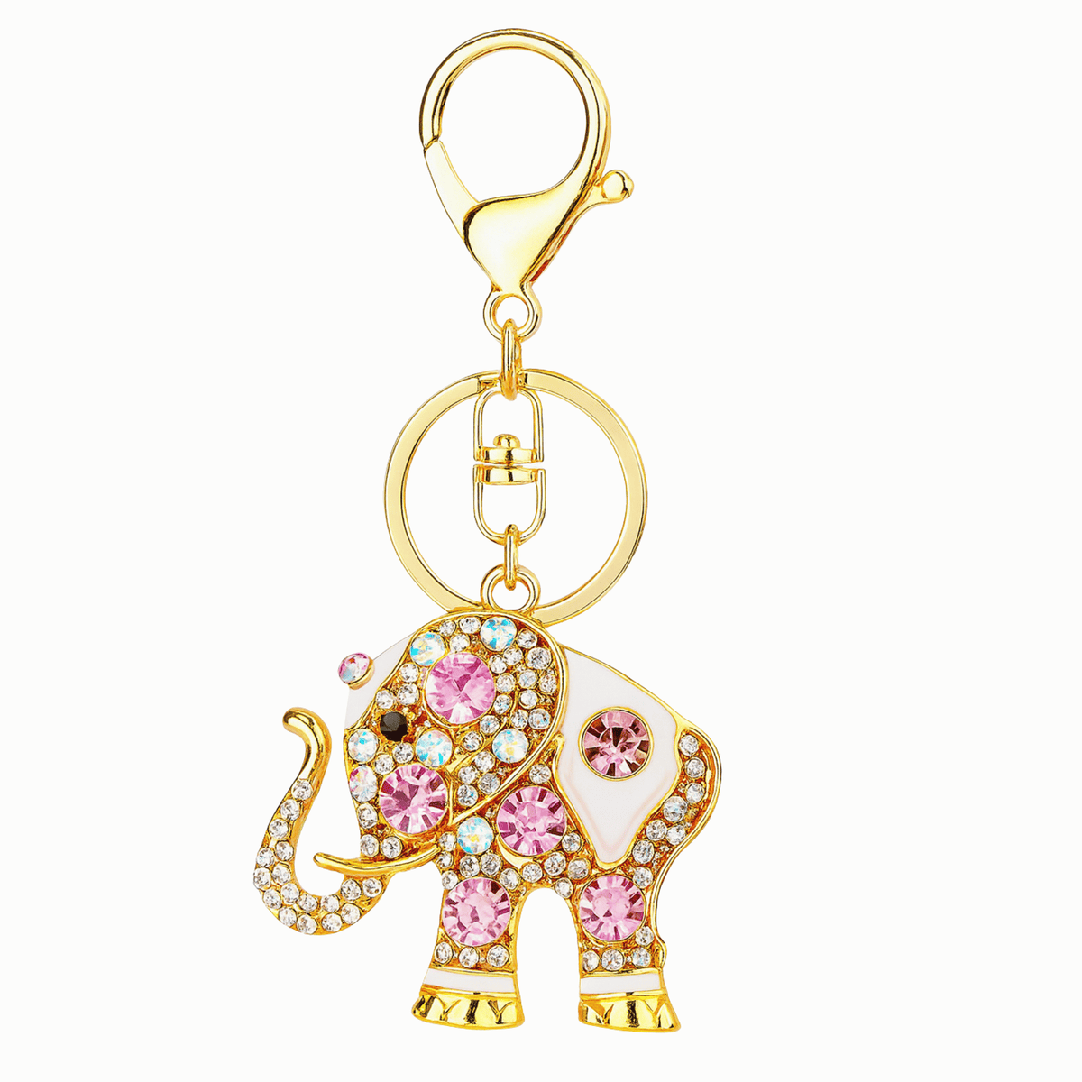 Decorative elephant keychain with pink gemstones on a white background