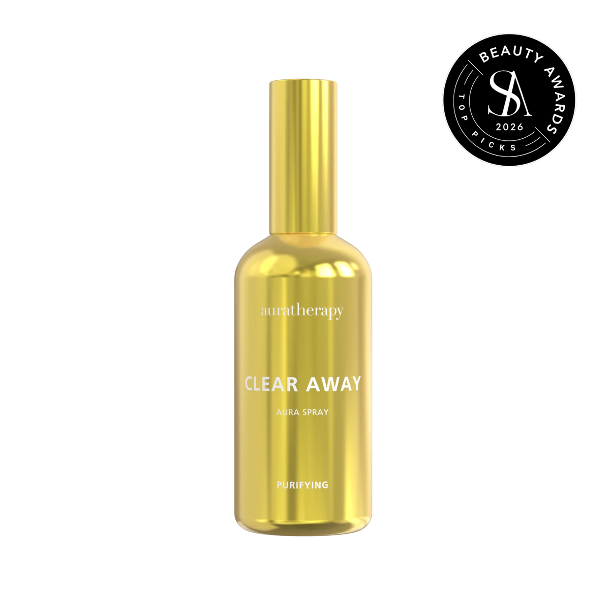 Gold 100ml Auratherapy Clear Away Aura Spray bottle labeled Purifying, with the Skin Anarchy 2026 Top Picks Beauty Awards seal