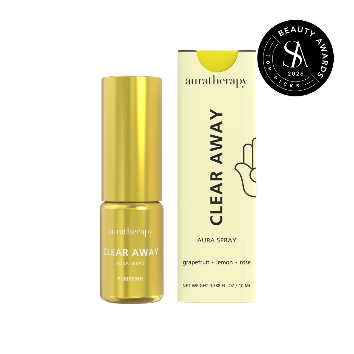 Auratherapy Clear Away Aura Spray 2ml gold sample vial, with the Skin Anarchy 2026 Top Picks Beauty Awards seal