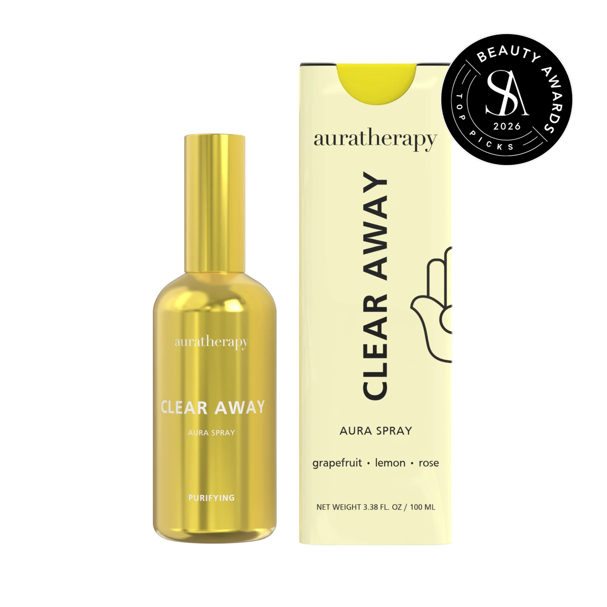 Auratherapy Clear Away Aura Spray 100ml gold bottle beside its yellow box listing grapefruit, lemon, and rose, with the Skin Anarchy 2026 Top Picks Beauty Awards seal